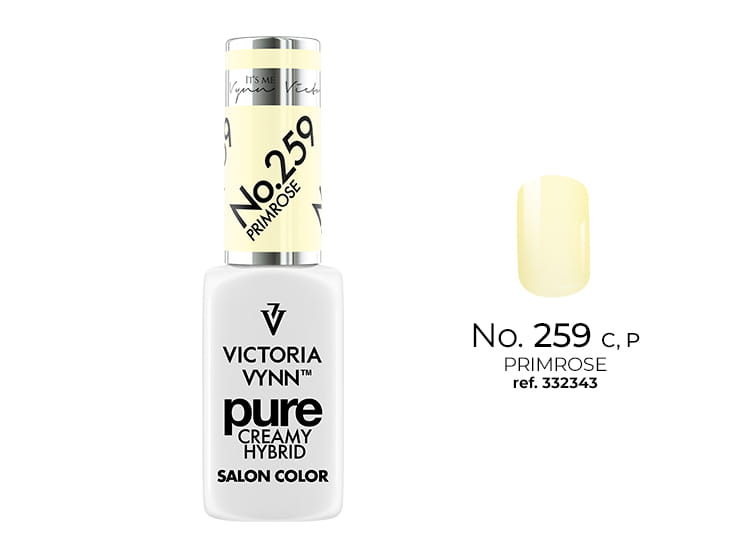 Lakier hybrydowy Victoria Vynn Pure Vegan Creamy Hybrid 259 Primrose 8 ml, butelka i wzornik koloru na tipsie