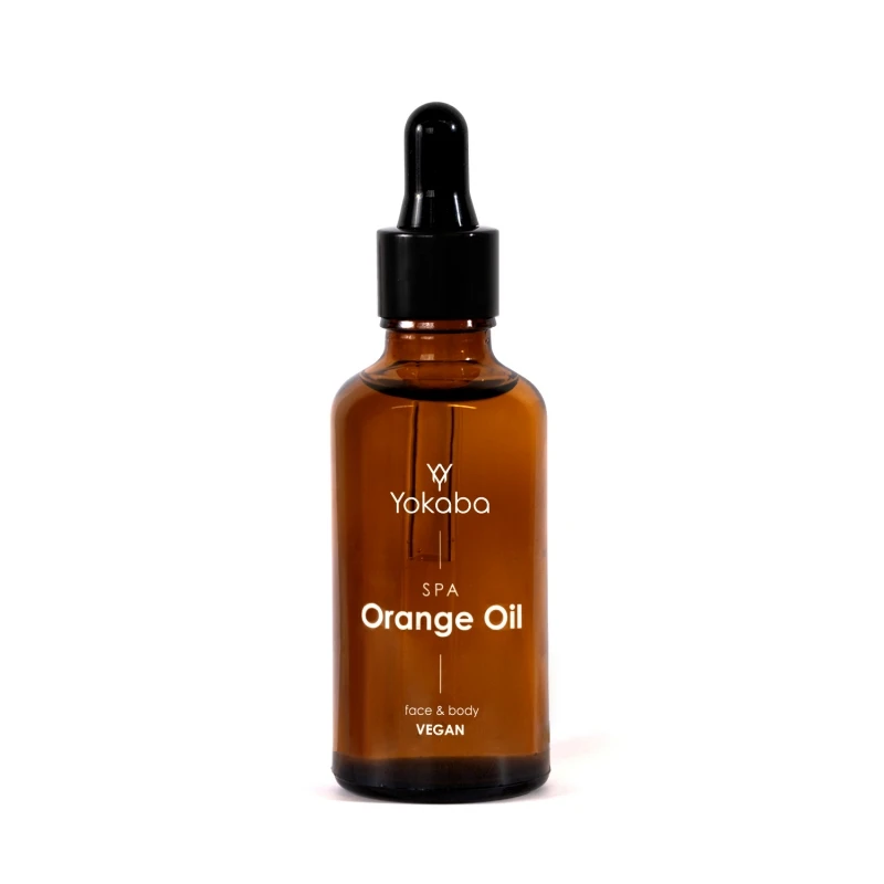 Yokaba Orange Oil SPA 50 ml - ciemna butelka z pipetą na białym tle, ujęcie z przodu