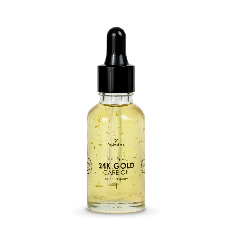Yokaba 24k Gold Care Oil 30 ml - butelka z pipetą i płatkami złota, packshot na białym tle