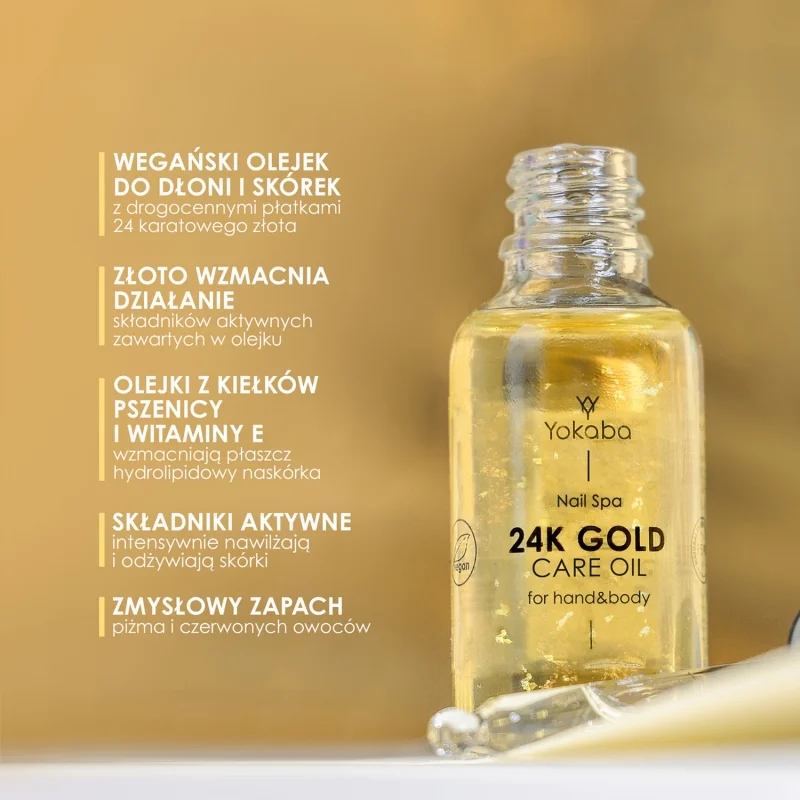 Właściwości olejku Yokaba 24k Gold Care Oil do dłoni i skórek, plansza producenta