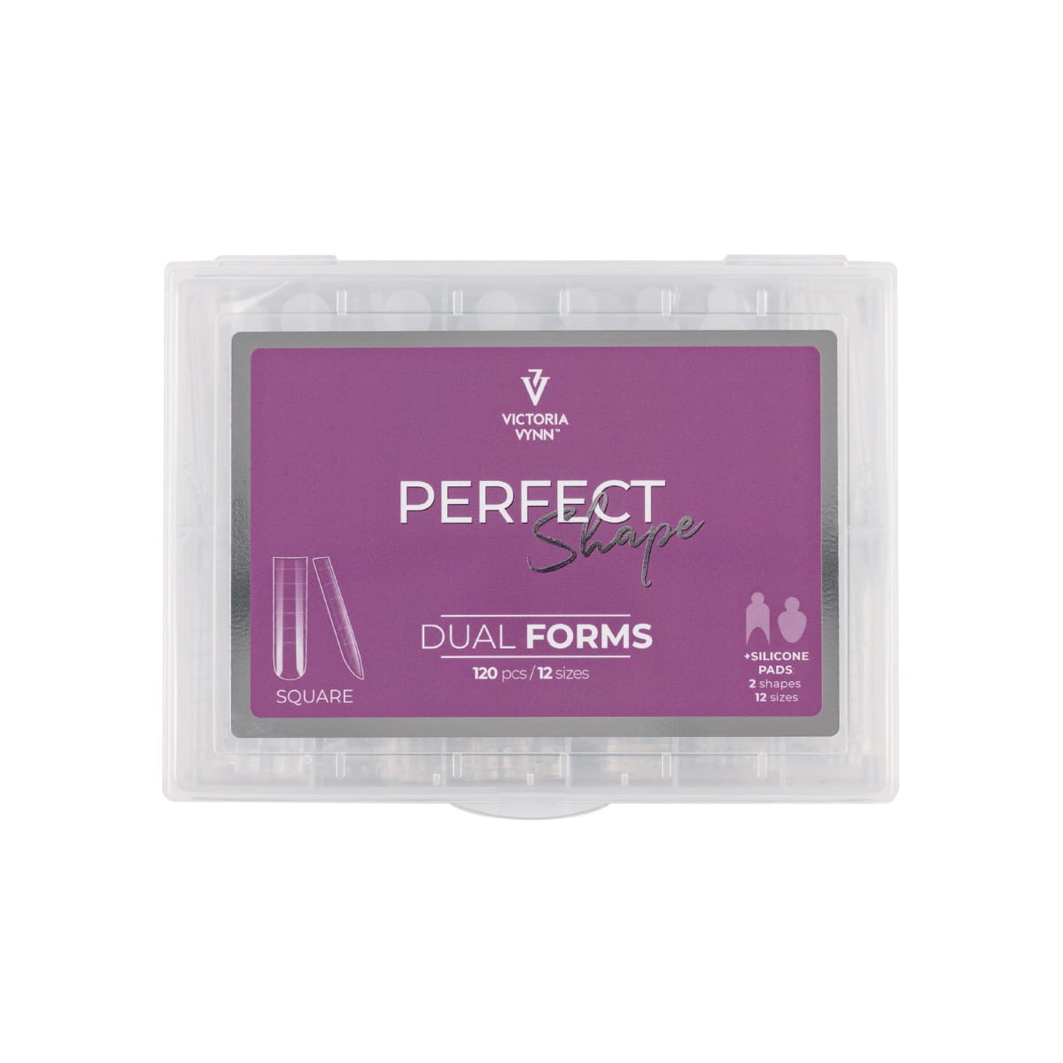 Victoria Vynn PERFECT Shape Dual Forms Square, przezroczyste pudełko z fioletową etykietą, 120 sztuk w 12 rozmiarach