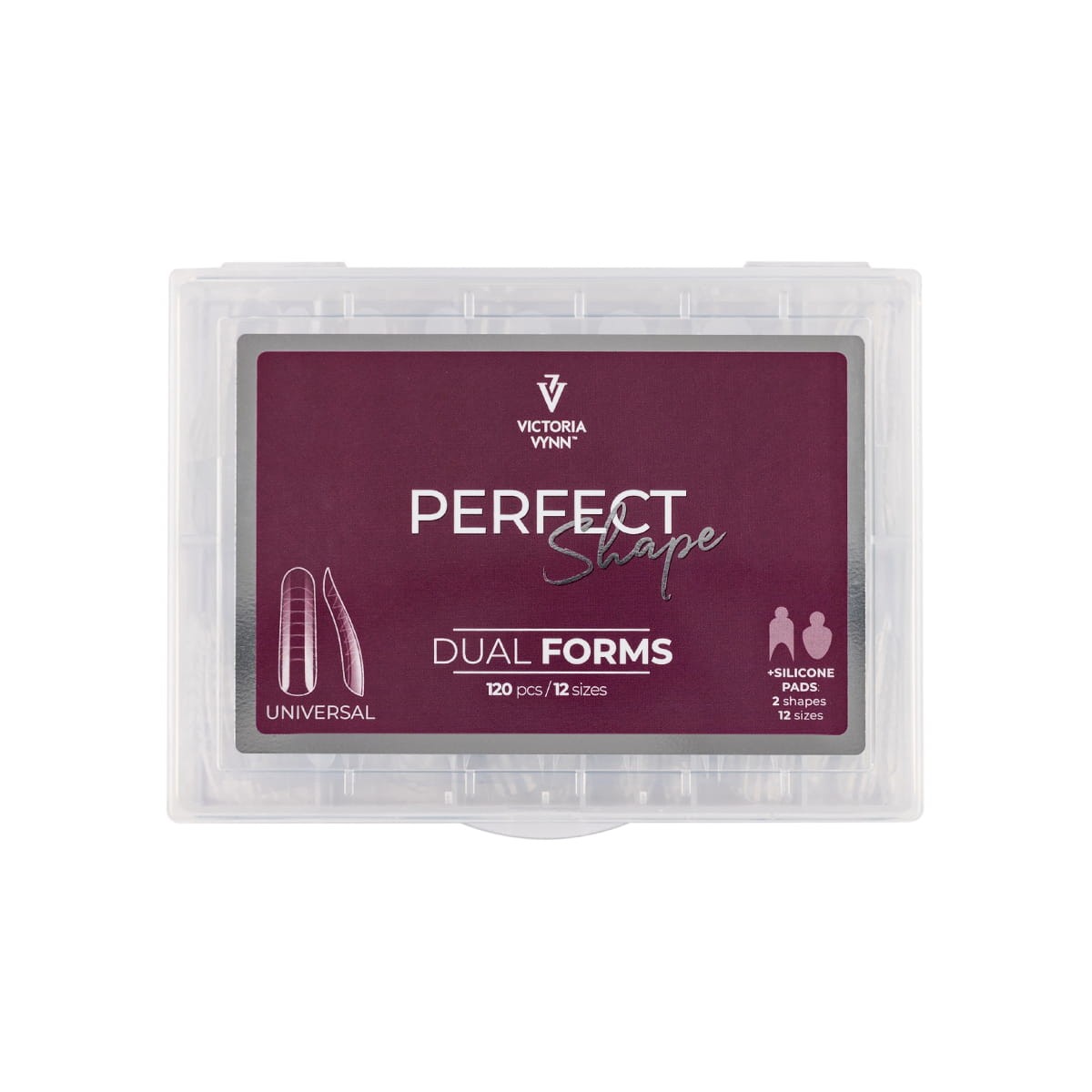 Victoria Vynn PERFECT Shape Dual Forms Universal, przezroczyste pudełko z bordową etykietą, 120 sztuk w 12 rozmiarach