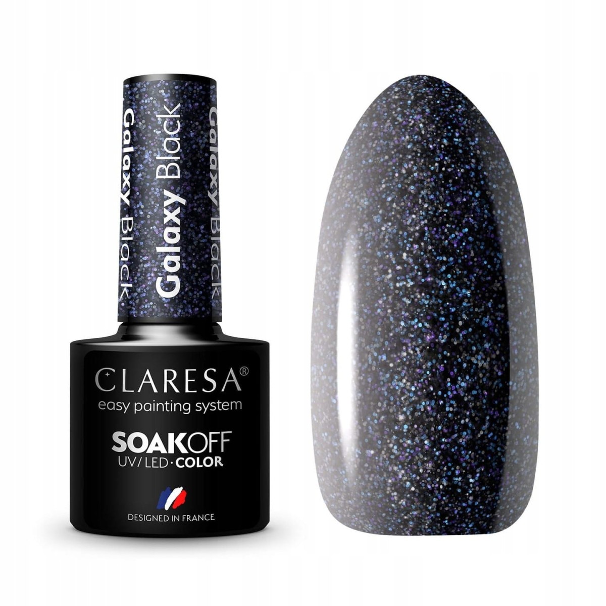Paznokcie pomalowane grafitowo-czarnym lakierem hybrydowym Claresa Galaxy Black z niebiesko-fioletowym brokatem
