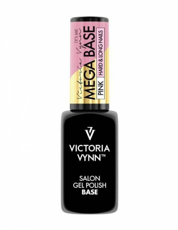 Mega Base Pink 8 ml - flakon bazy budującej Victoria Vynn Salon Gel Polish Base na białym tle, różowa nakrętka z napisem Pink
