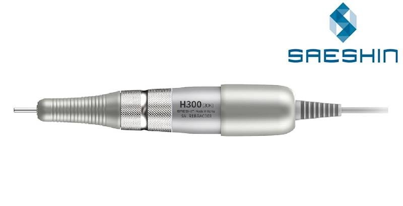 Rączka Saeshin H300 SILVER do frezarek STRONG - srebrna, mikrosilnik szczotkowy, nadruk głowicy H300 30K, głowica TWIST-LOCK na frez Ø 2,35 mm