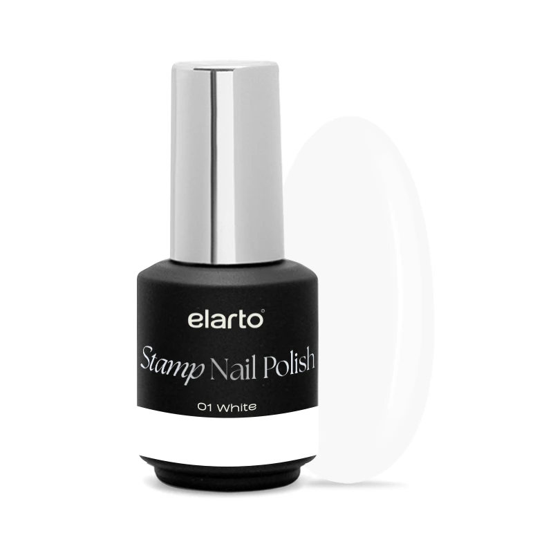 Elarto Lakier do stempli Stamp Nail Polish 01 White 7 ml - czarna butelka ze srebrną nakrętką i etykietą 01 White obok owalnego wzornika w kolorze czystej bieli