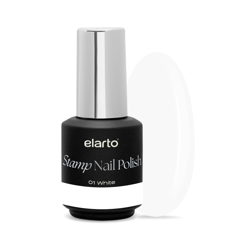 Elarto Lakier do stempli Stamp Nail Polish 01 White 7 ml - czarna butelka ze srebrną nakrętką i etykietą 01 White obok owalnego wzornika w kolorze czystej bieli