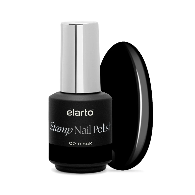 Elarto Lakier do stempli Stamp Nail Polish 02 Black 7 ml - czarna butelka ze srebrną nakrętką i etykietą 02 Black obok owalnego wzornika w kolorze głębokiej czerni