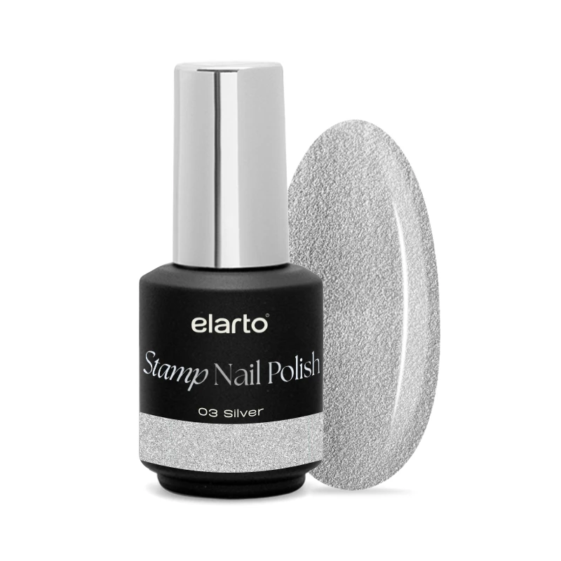 Elarto Lakier do stempli Stamp Nail Polish 03 Silver 7 ml - czarna butelka z paskiem srebra na etykiecie 03 Silver obok owalnego wzornika w metalicznym srebrze