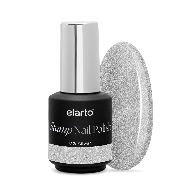 Elarto Lakier do stempli Stamp Nail Polish 03 Silver 7 ml - czarna butelka z paskiem srebra na etykiecie 03 Silver obok owalnego wzornika w metalicznym srebrze