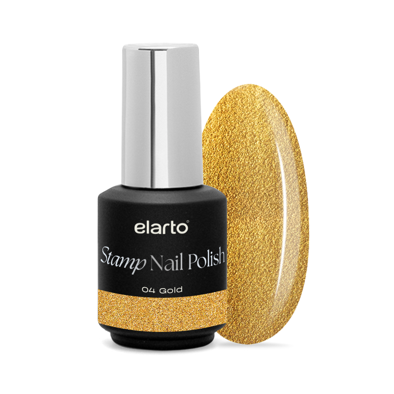 Elarto Lakier do stempli Stamp Nail Polish 04 Gold 7 ml - czarna butelka z paskiem złota na etykiecie 04 Gold obok owalnego wzornika w metalicznym złocie