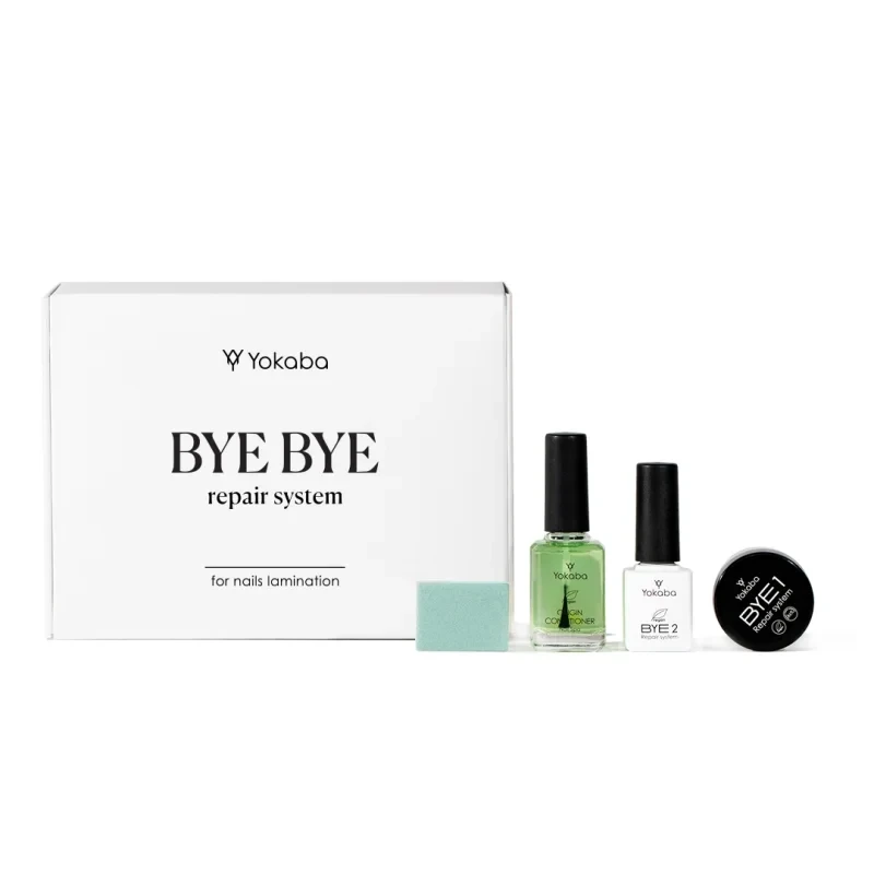 Yokaba Zestaw ByeBye Repair System - białe pudełko z napisem BYE BYE repair system, obok komplet: czarny słoik Bye 1, biała buteleczka Bye 2, zielona odżywka Origin Conditioner i zielona polerka.