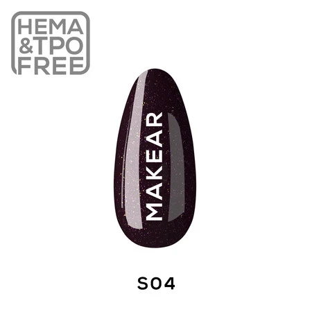 Makear lakier hybrydowy S04 Diamond - ciemny bakłażan/burgund z drobnym brokatem, 8 ml
