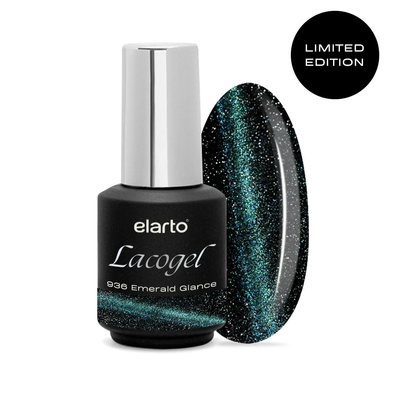 Lacogel Emerald Glance nr 936 7ml - magnetyczny lakier hybrydowy cat eye, szmaragd z turkusową smugą i drobinkami flash