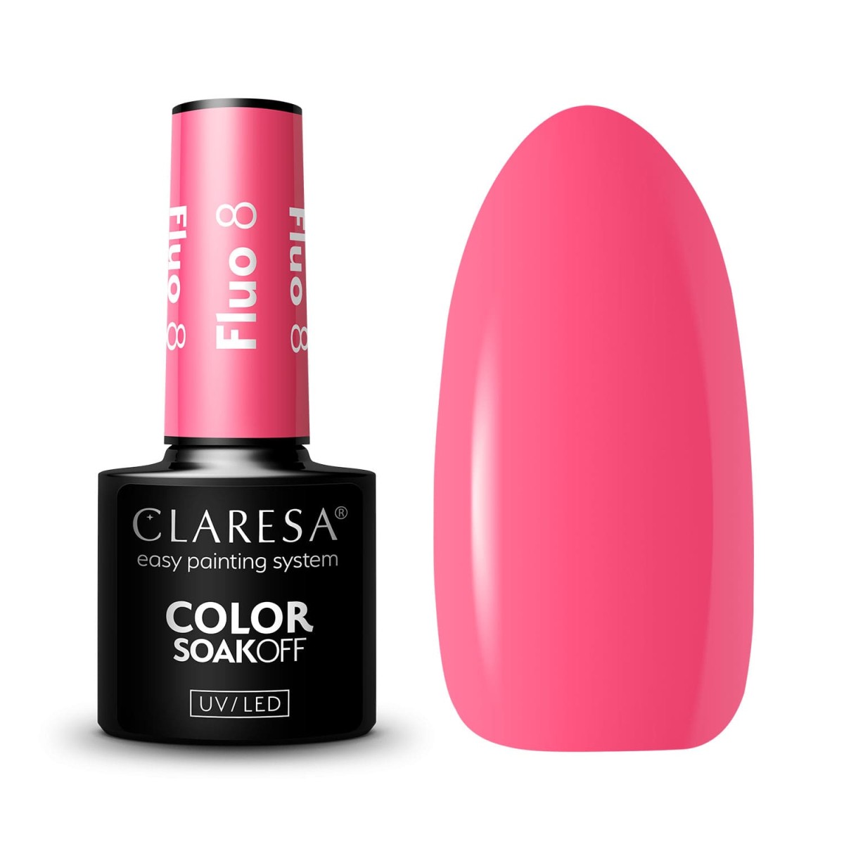 Packshot lakieru hybrydowego Claresa Fluo 8 z próbnikiem koralowego różu obok butelki