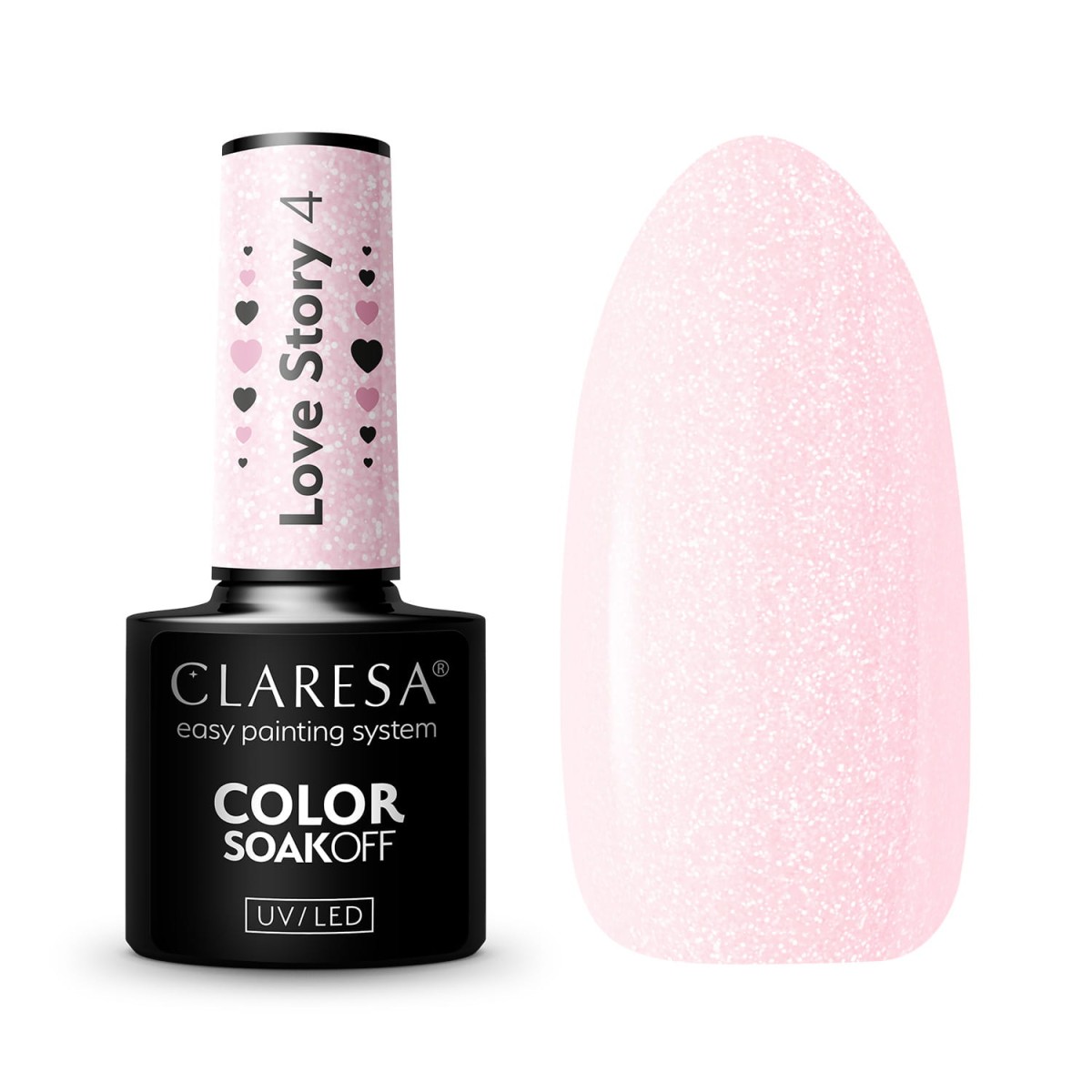 Packshot Claresa Love Story 4 - butelka i swatch pastelowego różu z brokatem