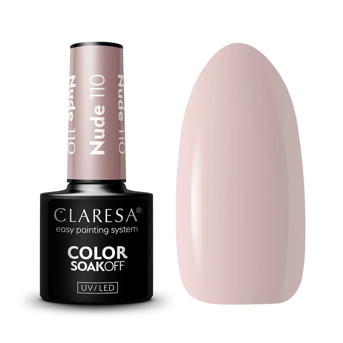 Packshot lakieru hybrydowego Claresa Nude 110 z butelką i swatchem w pudrowym beżoworóżowym odcieniu