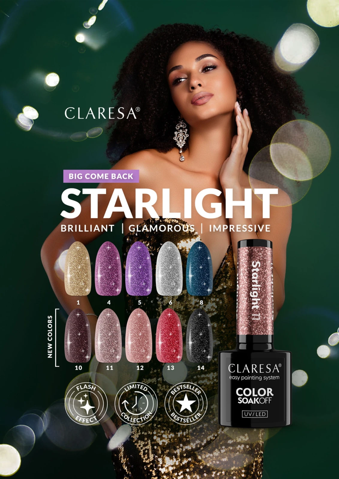 Swatch lakieru hybrydowego Claresa Starlight 14 — dłoń z paznokciami w srebrno-grafitowym odcieniu z drobnym, migoczącym brokatem