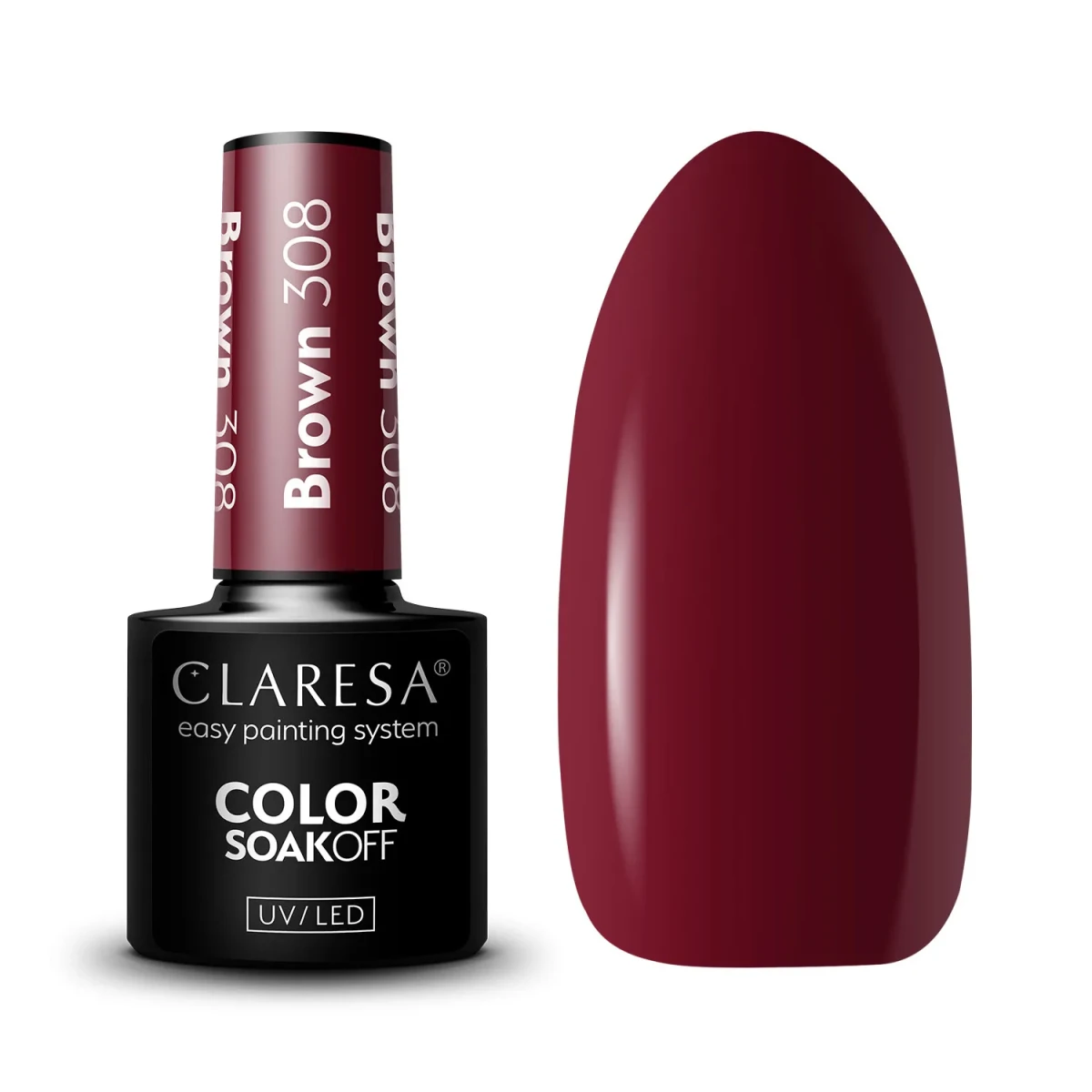 Butelka lakieru hybrydowego Claresa Brown 308 5 g ze swatchem w głębokim winnym bordo