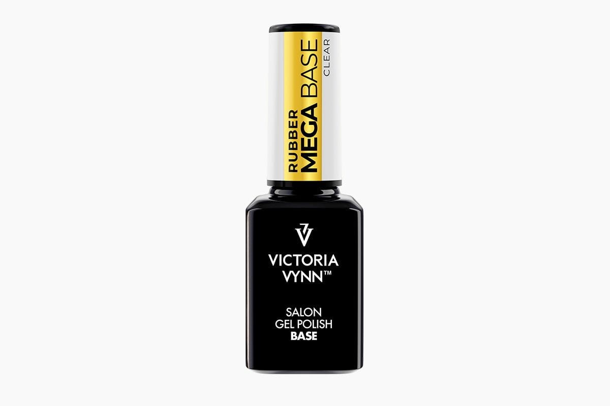 Mega Base Clear 15 ml - czarna buteleczka Victoria Vynn Rubber Mega Base z żółtą nakrętką, przezroczysta baza budująca