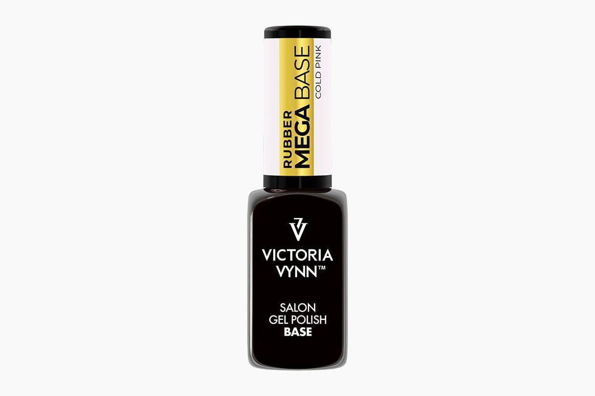 Stara butelka Victoria Vynn Rubber Mega Base Cold Pink 8ml z etykietą Rubber, poprzedni design opakowania na białym tle