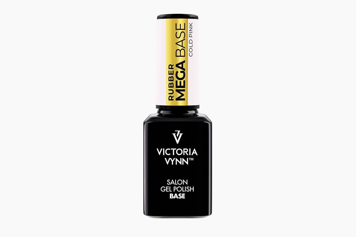Stara butelka Victoria Vynn Rubber Mega Base Cold Pink 15ml z etykietą Rubber, biały tło, poprzedni design opakowania