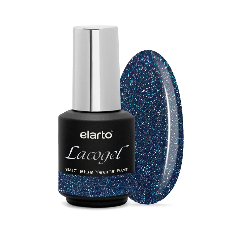 Elarto Lacogel Blue Year's Eve nr 940 - zbliżenie, granatowy lakier hybrydowy z holograficznym brokatem