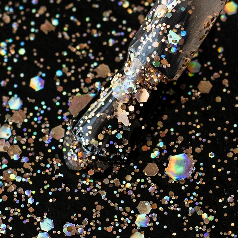 Elarto Lacogel Glitterella Złoty Brokat nr 947 - złoty brokat z holo-drobinkami i hexami