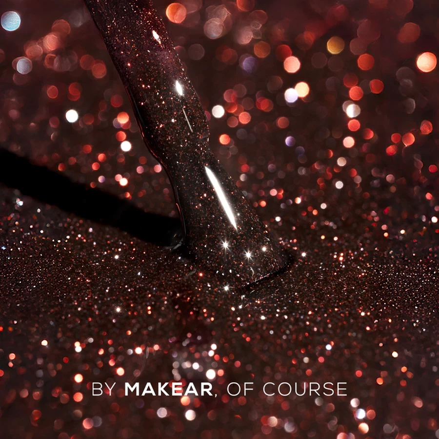 Makear lakier hybrydowy 897 - swatch bordowej czerwieni z czerwono-miedzianym brokatem, 8 ml
