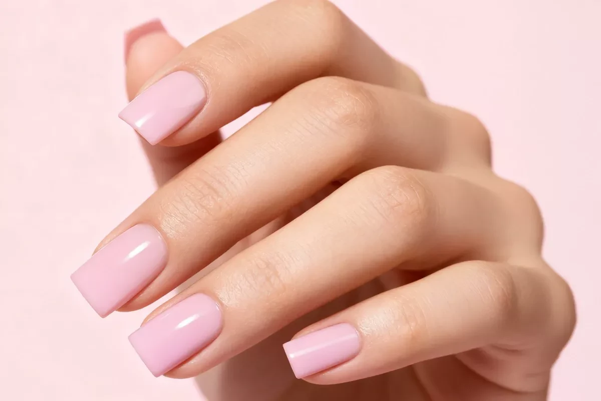 INSTA GEL 02 Clean Look - dłoń z paznokciami w odcieniu jasny róż, kwadratowy kształt, naturalny efekt