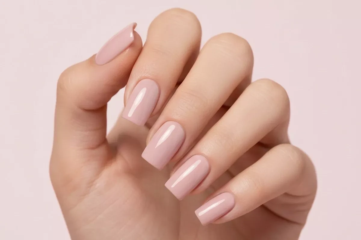 INSTA GEL 05 Nude Mood - dłoń z paznokciami w odcieniu stonowany beż, kwadratowy kształt, naturalny efekt