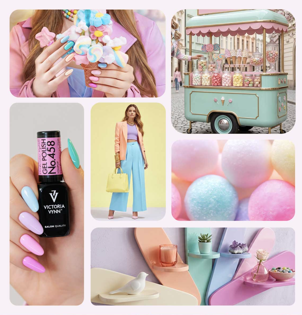 Kolaż kolekcji Candy Shop Victoria Vynn: pastelowy manicure, butelka 458 LolliPop i cukierkowe inspiracje