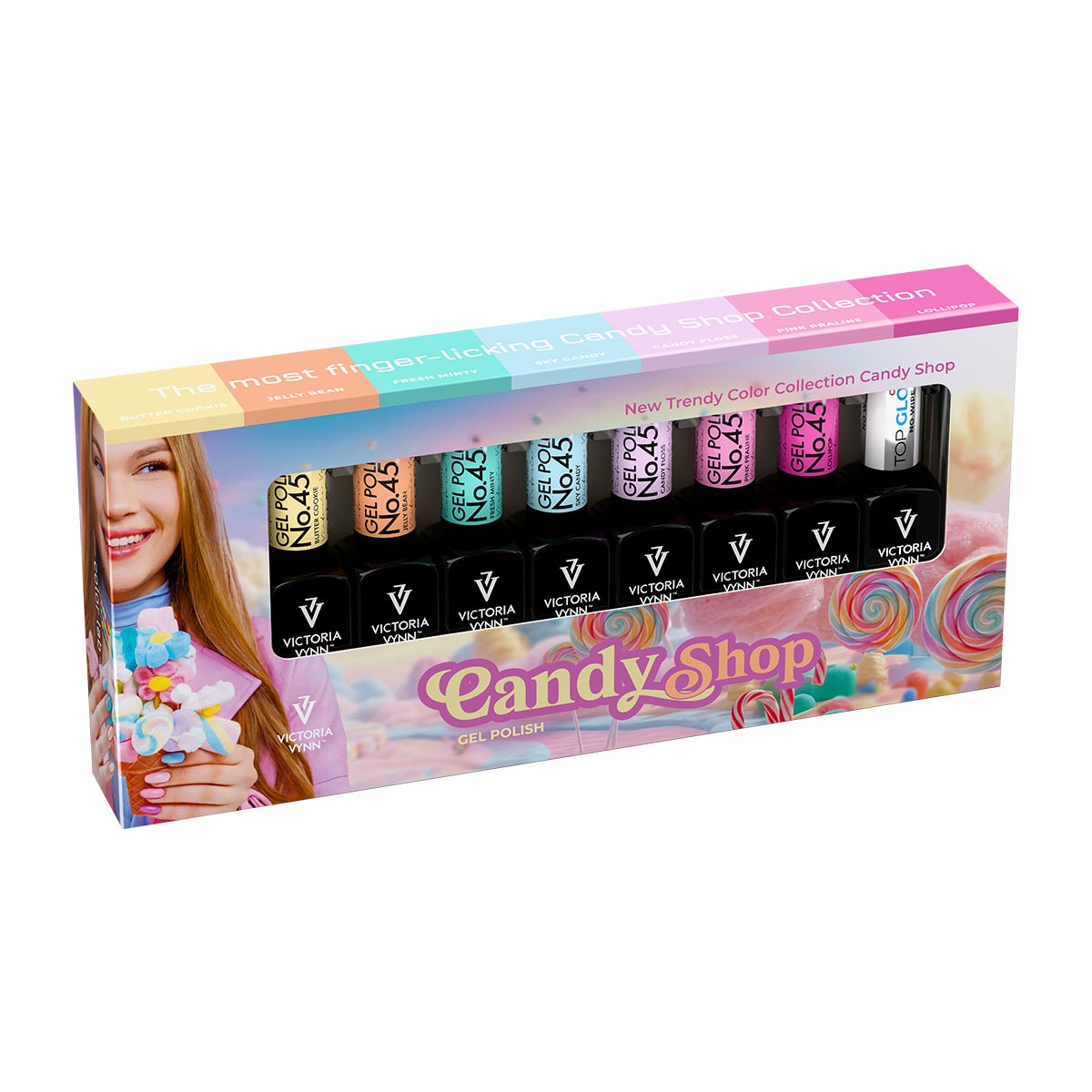 Zestaw Victoria Vynn 8 PACK Candy Shop, pudełko z siedmioma lakierami 452-458 i topem Oh! My Gloss