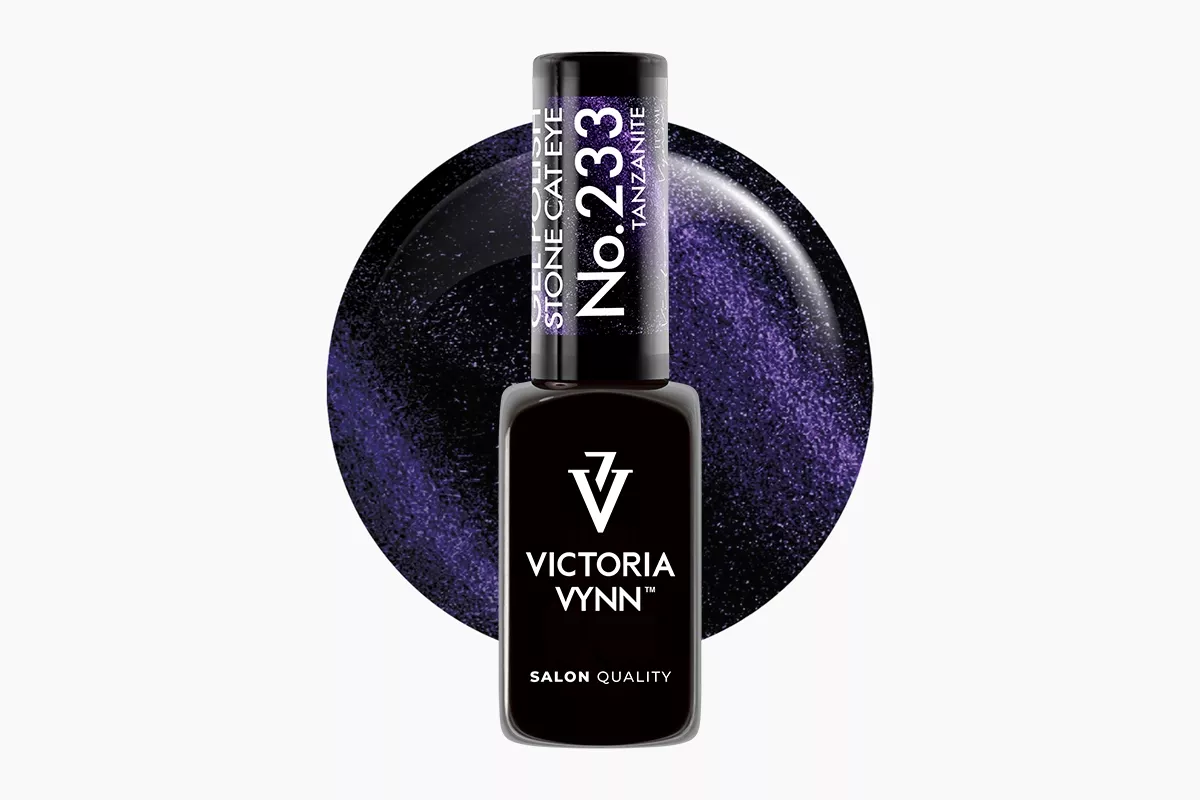 Lakier hybrydowy Victoria Vynn Gel Polish Cat Eye No. 233 Tanzanite Stone 8 ml - szafirowy granat z magnetyczną smugą cat eye, packshot lakieru w buteleczce