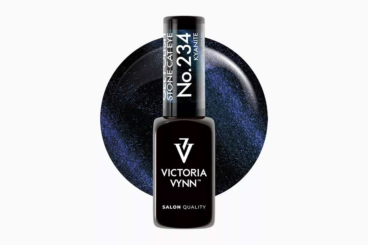 Lakier hybrydowy Victoria Vynn Gel Polish Cat Eye No. 234 Kyanite Stone 8 ml - niebiesko-turkusowy kolor z magnetyczną smugą cat eye, packshot lakieru w buteleczce