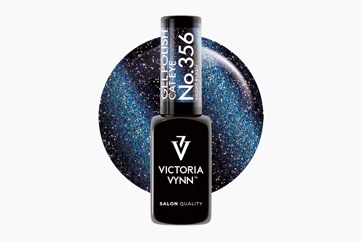 Lakier hybrydowy Victoria Vynn Gel Polish Cat Eye No. 356 Night Flash 8 ml - wielowymiarowy granat, głęboki nocny błękit z magnetyczną smugą cat eye, packshot lakieru w buteleczce