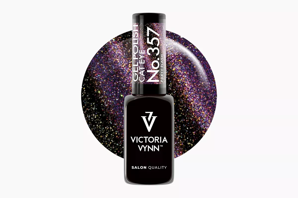 Lakier hybrydowy Victoria Vynn Gel Polish Cat Eye No. 357 Party Flash 8 ml - zróżnicowany fiolet z iskrzącą drobiną i magnetyczną smugą cat eye