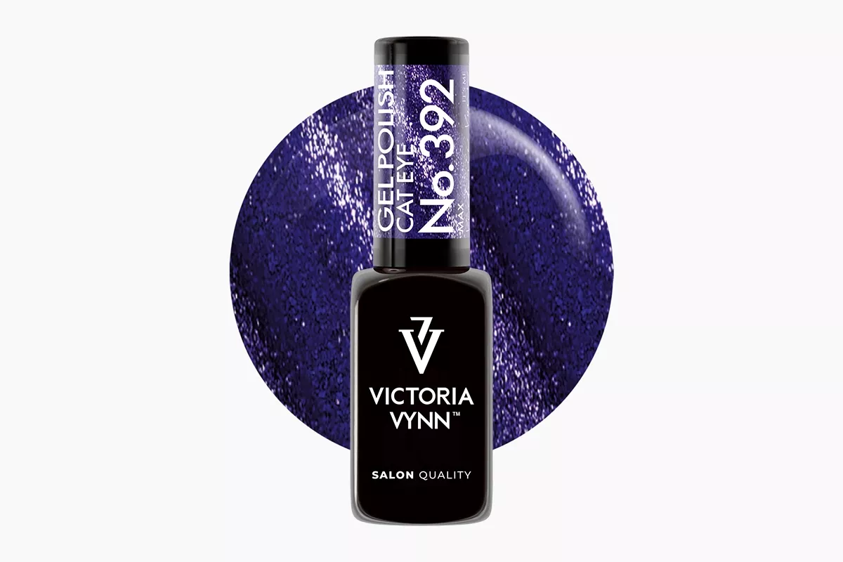 Lakier hybrydowy Victoria Vynn Gel Polish Cat Eye No. 392 Max 8 ml - fioletowa baza z iskrzącym brokatem i magnetyczną smugą cat eye