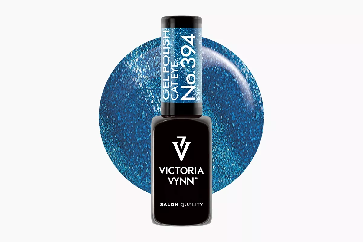 Lakier hybrydowy Victoria Vynn Gel Polish Cat Eye No. 394 Bixby 8 ml - packshot, chłodny niebieski z turkusem, iskrząca drobina i smuga cat eye