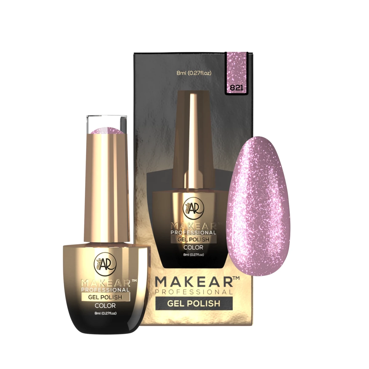 Makear lakier hybrydowy 821 - rozowy z gestym srebrno- zdjecie 1, 8 ml