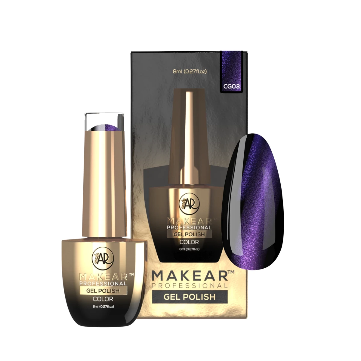 Makear CG03 cat eye - czysty fioletowy refleks na czarnej płytce pod kątem, 8 ml