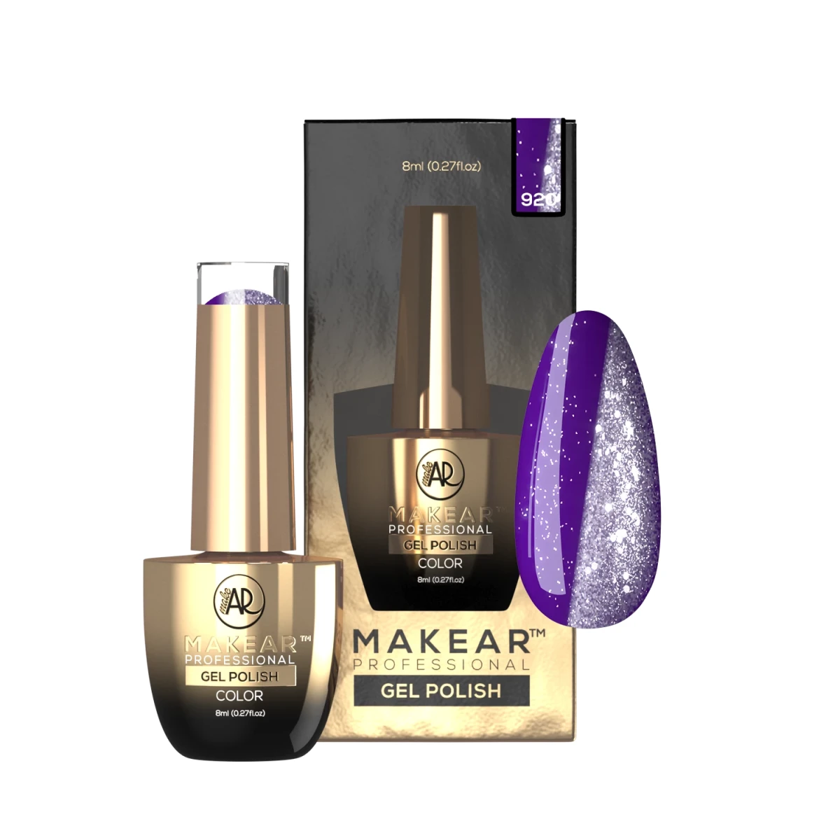 Makear lakier hybrydowy 920 Witch Heart - głęboki fiolet z brokatem, efekt moonlight, 8 ml