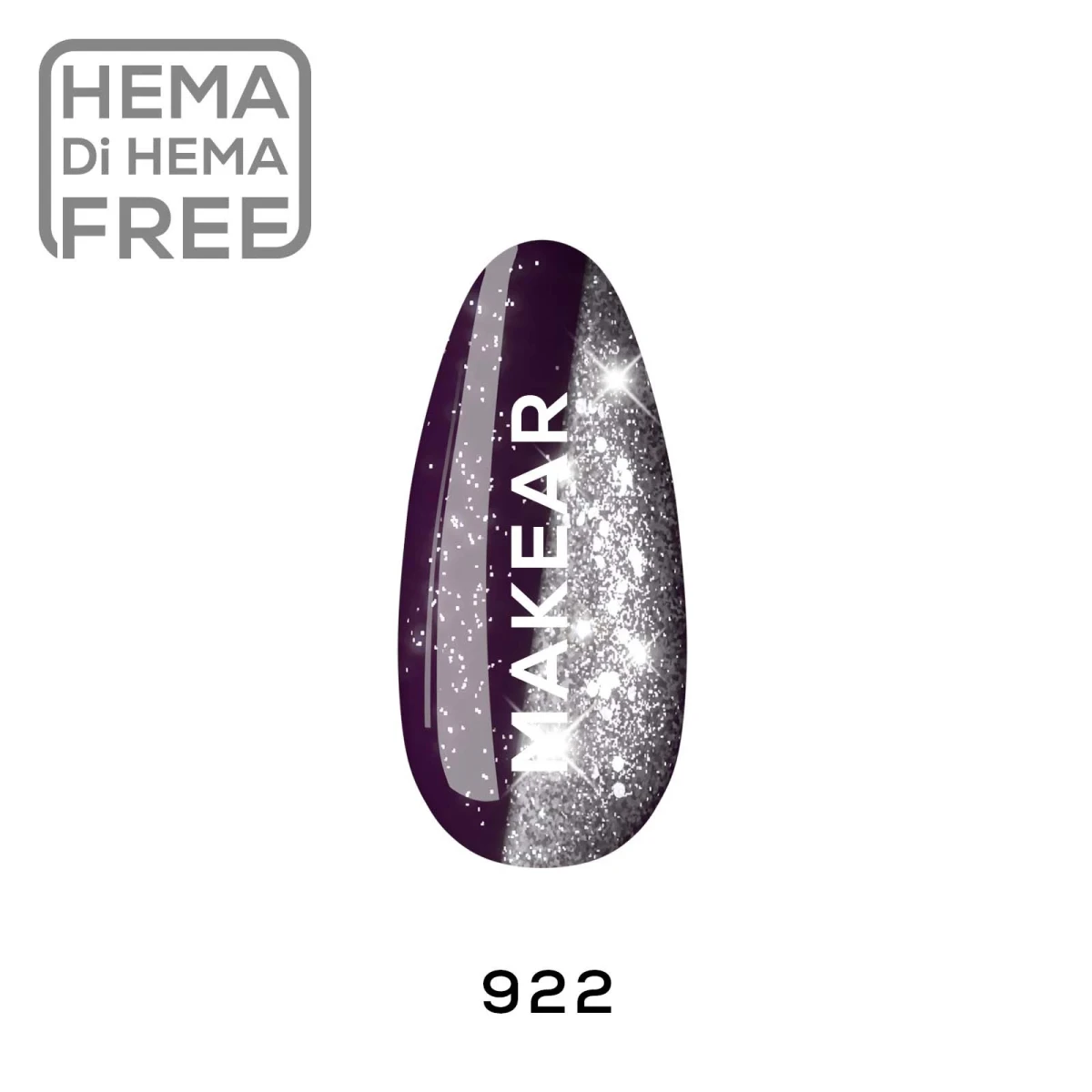 Makear lakier hybrydowy 922 Black Widow - swatch ciemnej grafitowo-fioletowej oberżyny ze srebrnym brokatem, 8 ml