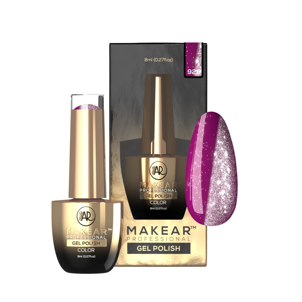 Makear lakier hybrydowy 923 Aviation - różowo-fioletowa magenta z brokatem, efekt moonlight, 8 ml