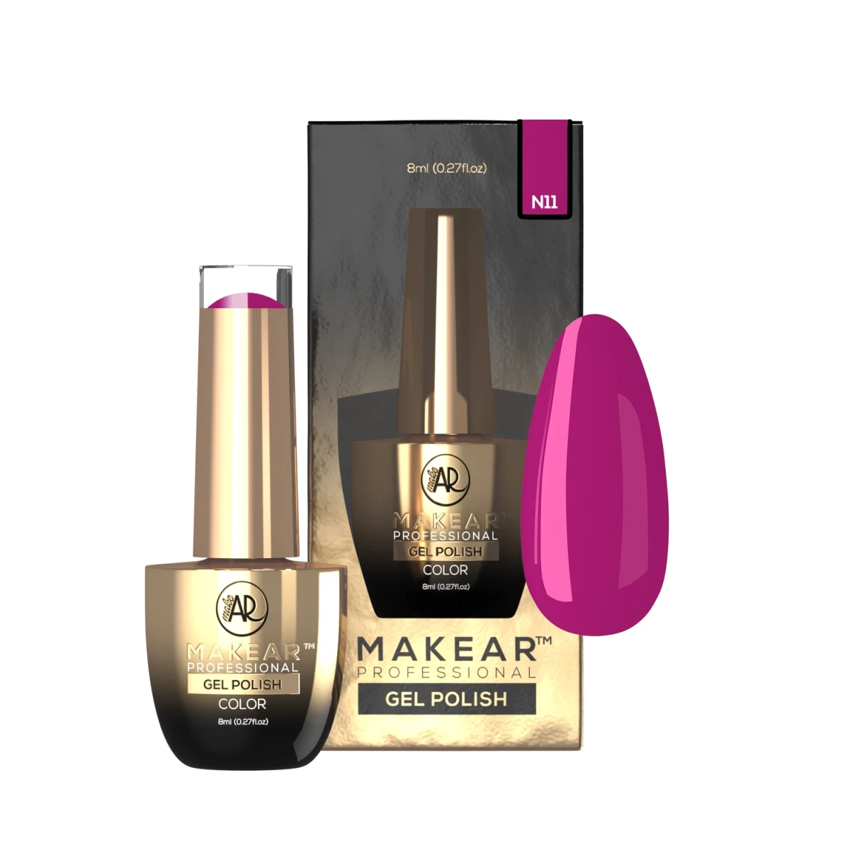 Makear lakier hybrydowy N11 neonowy magenta-fiolet jagodowy - kadr koloru na paznokciach, neon 8 ml