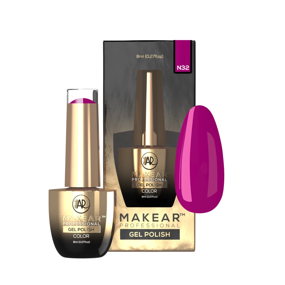 Makear lakier hybrydowy N32 neonowa magenta-purpura orchidea - kadr koloru na paznokciach, neon 8 ml