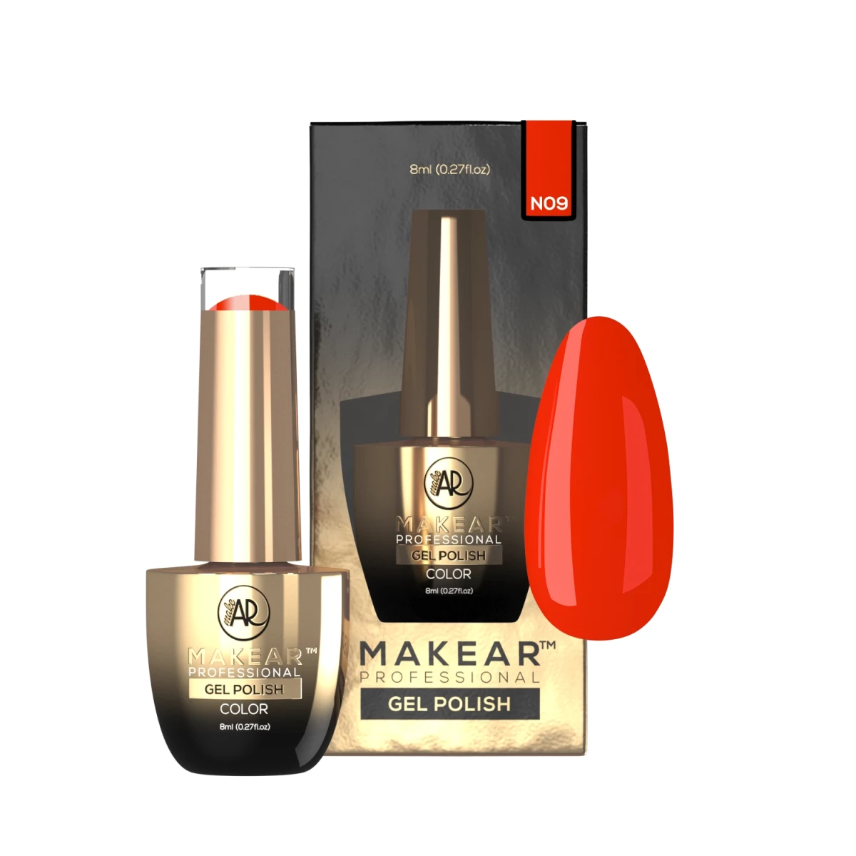 Makear lakier hybrydowy N09 szkarłatno-pomarańczowa neonowa czerwień - swatch koloru, neon 8 ml HEMA FREE