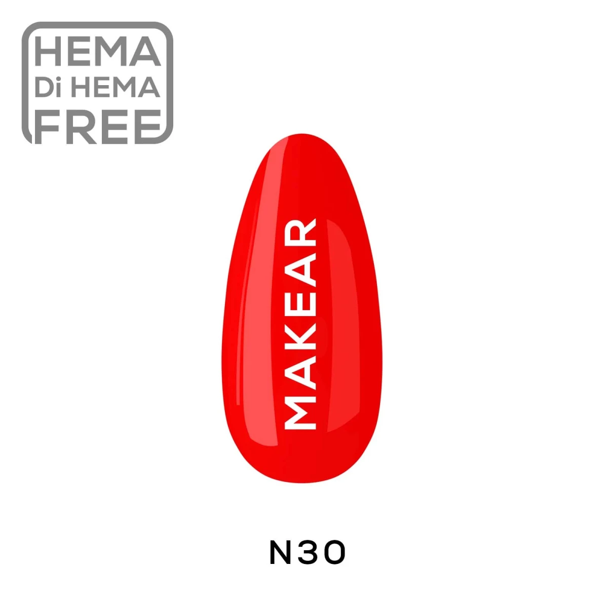 Makear lakier hybrydowy N30 czysta klasyczna neonowa czerwień - swatch koloru, neon 8 ml HEMA FREE
