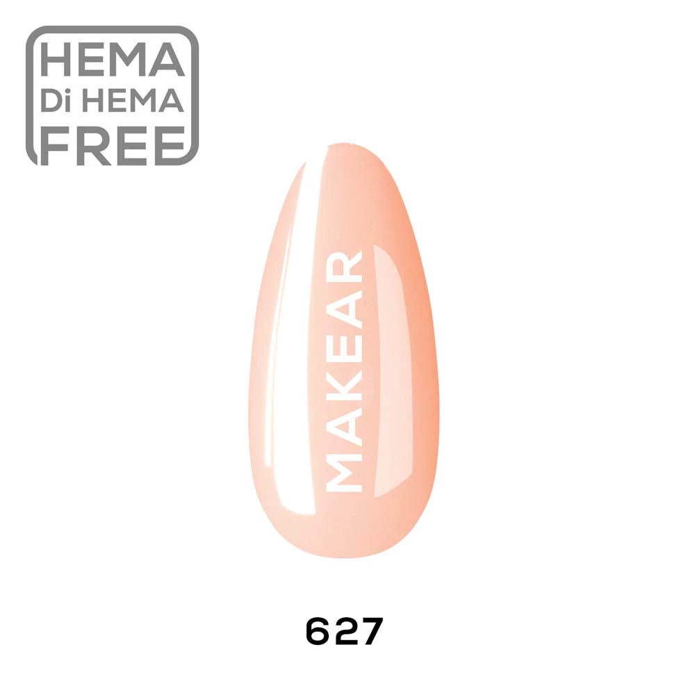 Swatch koloru lakier hybrydowy Makear nr 627 Dahlia - brzoskwiniowy nude peach, krem, 8 ml HEMA FREE