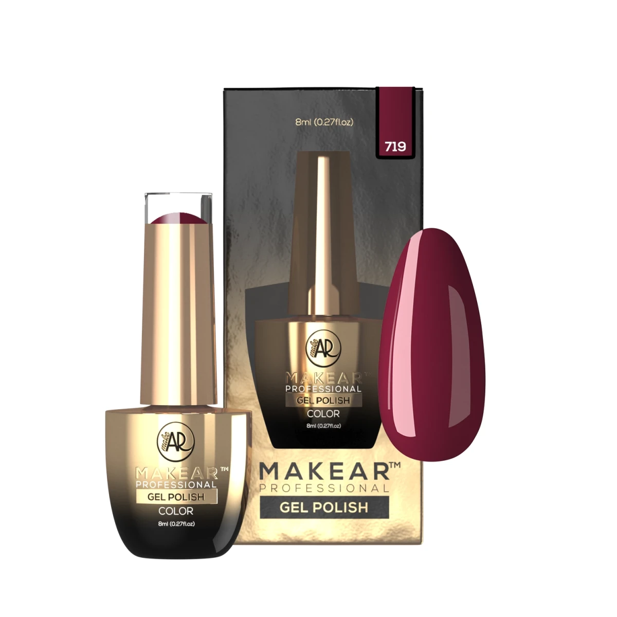 Makear lakier hybrydowy 719 Glamour - głęboka bordowo-malinowa czerwień, pełne krycie, zdjęcie 2, 8 ml